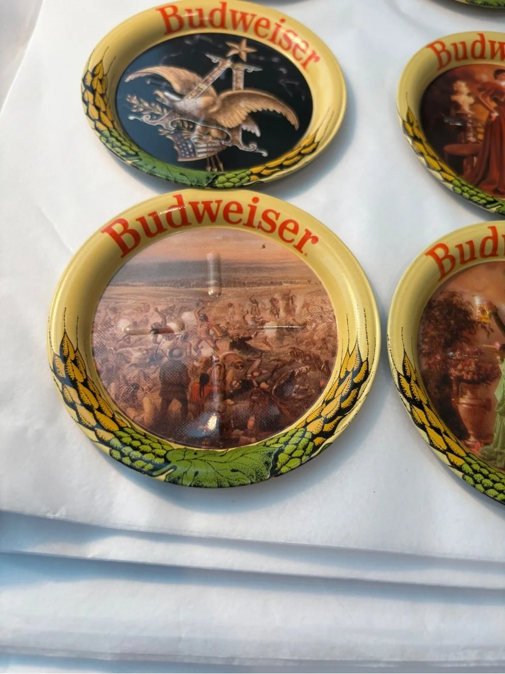 Budweiser Round Coasters with Yellow Rim & Green Coasters Detail